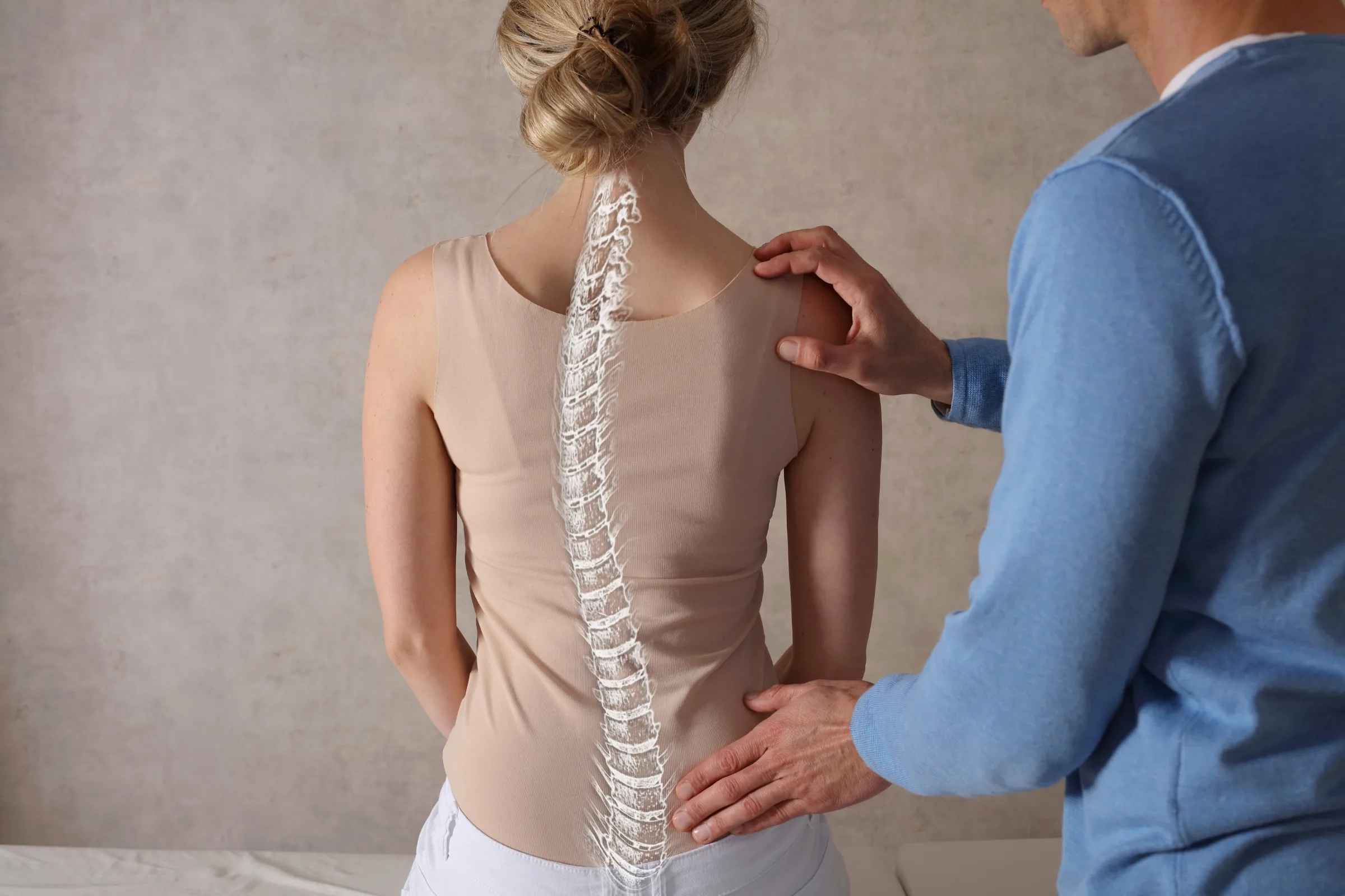 A practitioner assessing the curve of a spine, with the spine highlighted